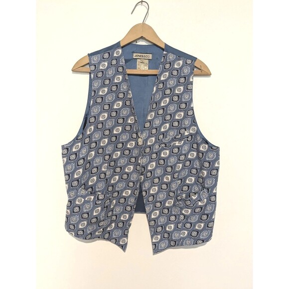 Vintage 90s Jones & Co Blue Foulard Rayon Women's Vest Top M Buckle Back - Picture 1 of 5